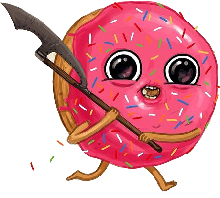 A cartoon donut running with a halberd with a gleeful look in its eyes and a small toothy smile.